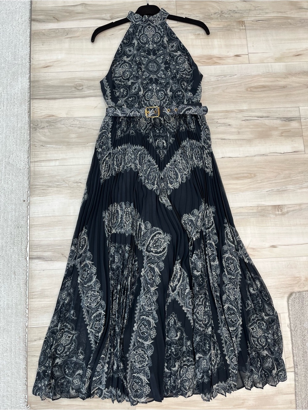 Zimmermann Black and Light Gray Paisley Halter Maxi Dress with Belt